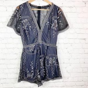 Haute monde black blue and gray mesh romper